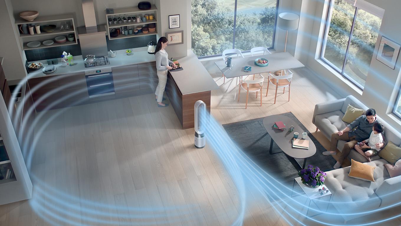 Luồng gió của máy lọc không khí Dyson đang lọc khí cho toàn phòng
