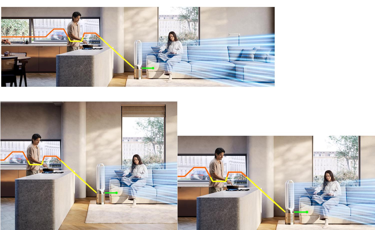 A living space with a person cooking and a person sitting on a sofa reading. A Dyson purifier is purifying the air.