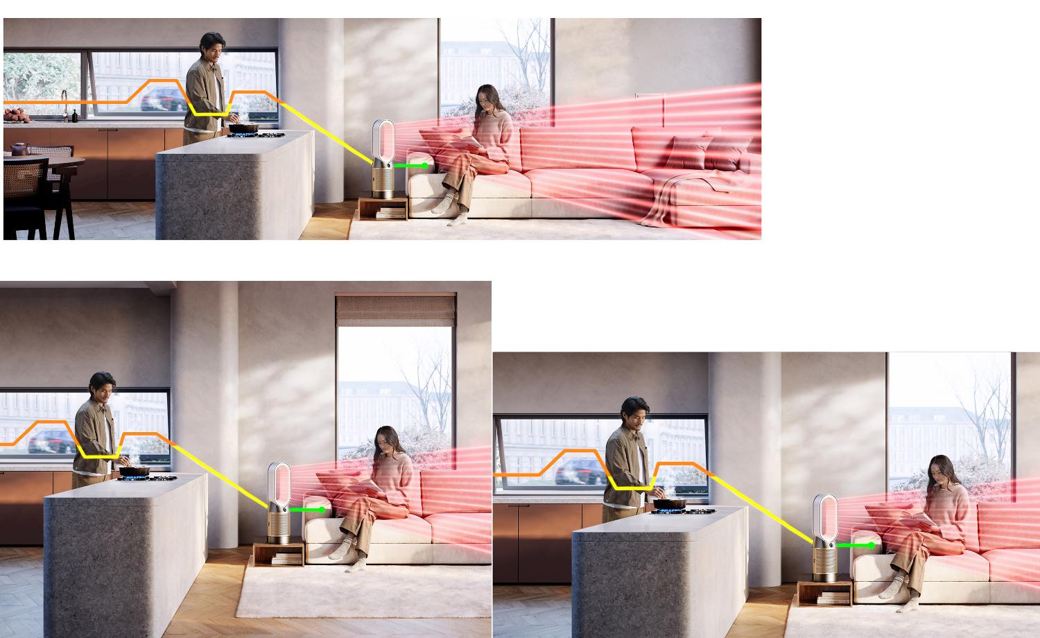 A living space with a person cooking and a person sitting on a sofa reading. A Dyson purifying heater is purifying the air.