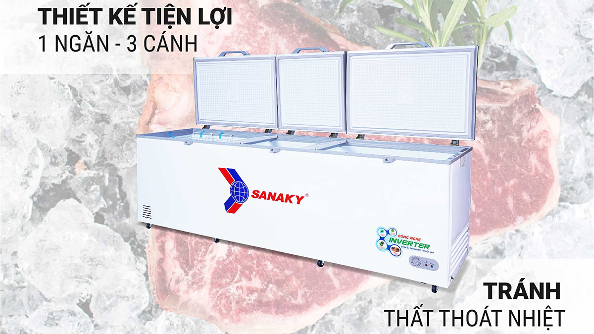 Tủ Đông Sanaky Inverter 900 Lít VH 1199HY3 thuộc loại tủ 3 cửa, 1 ngăn đông